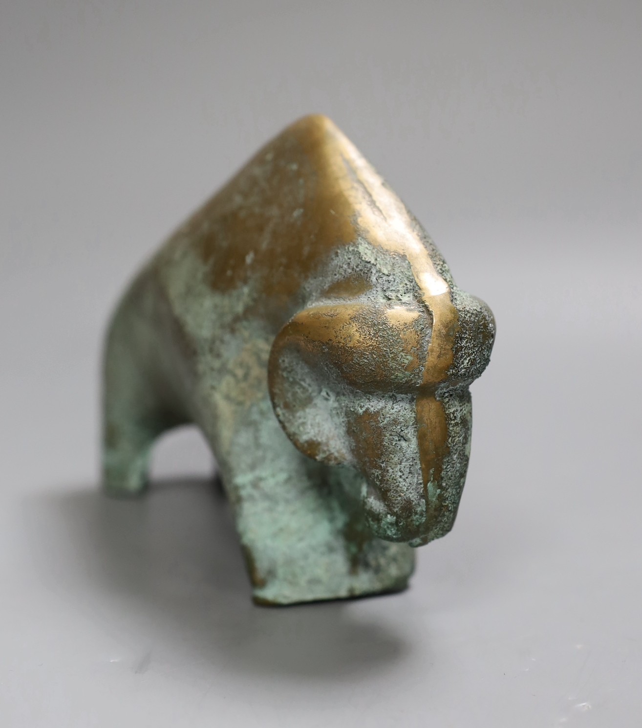 A verdigris bronze model of a buffalo, 20cm
